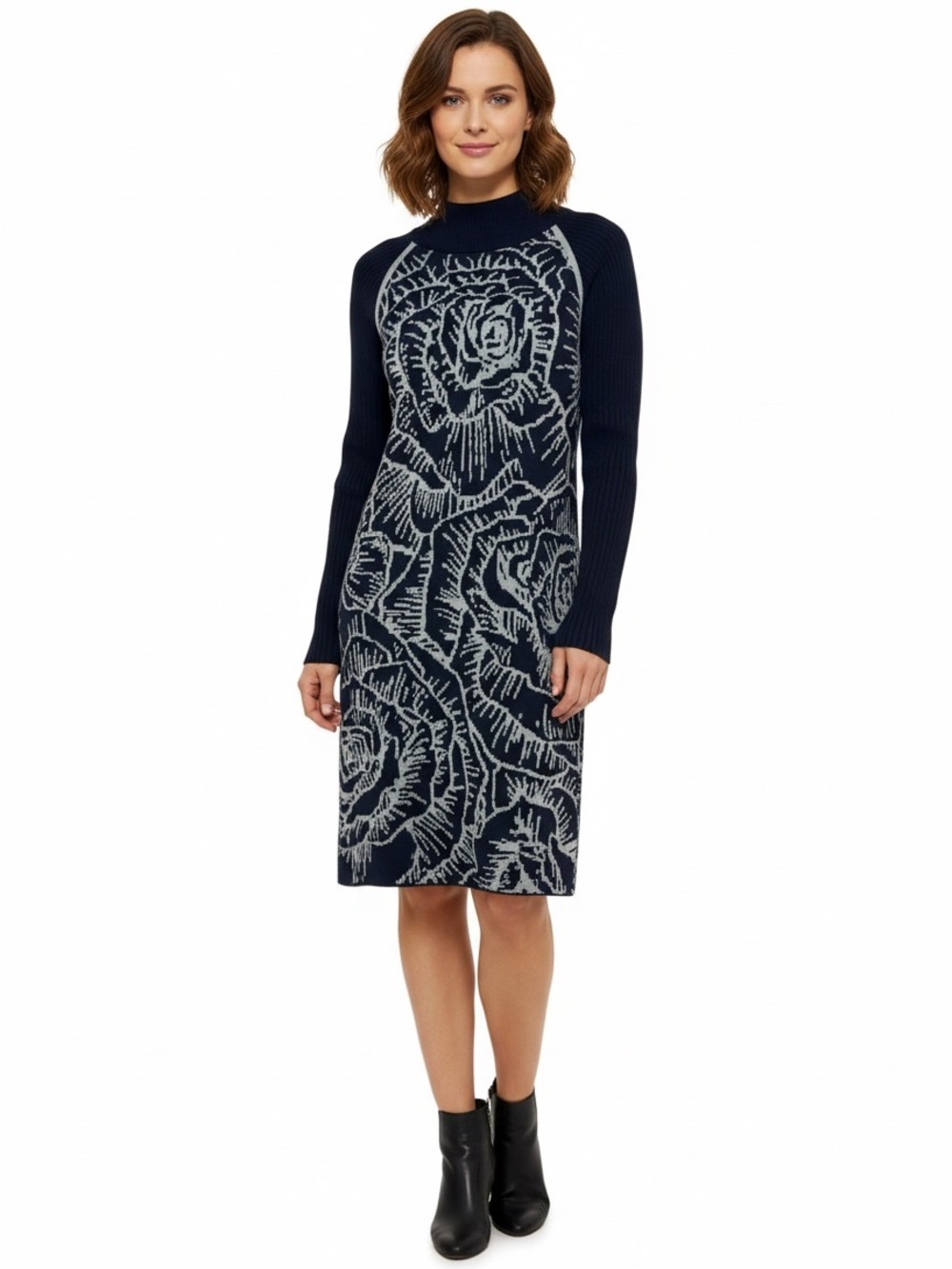 Title Nine Navy and Light Gray Floral Knit Long-Sleeve Midi Dress
